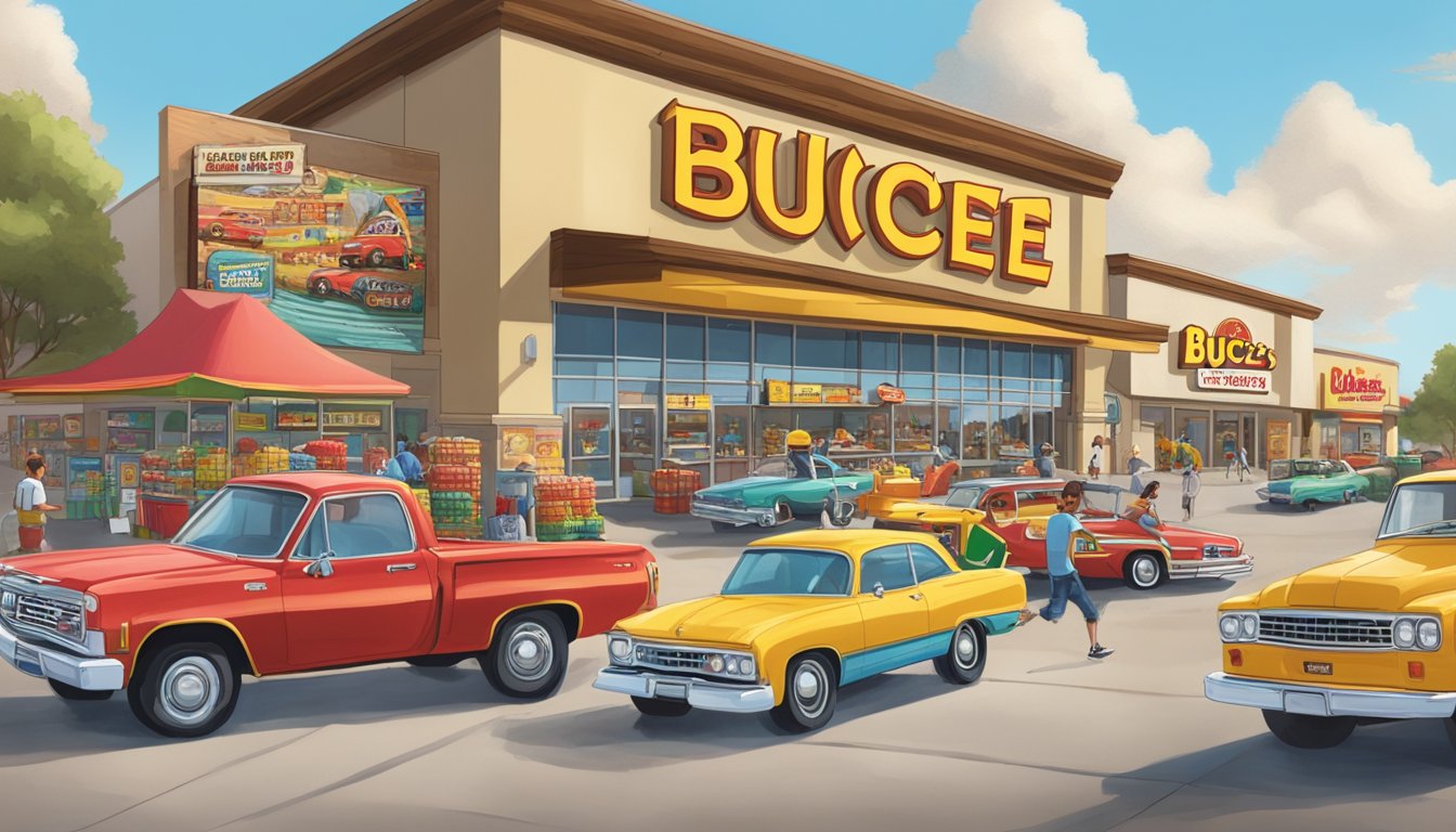 A bustling Buc-ee's store with colorful merchandise, fuel pumps, and a line of cars. A billboard advertises the "Ultimate Buc-ee's Road Trip Playlist."