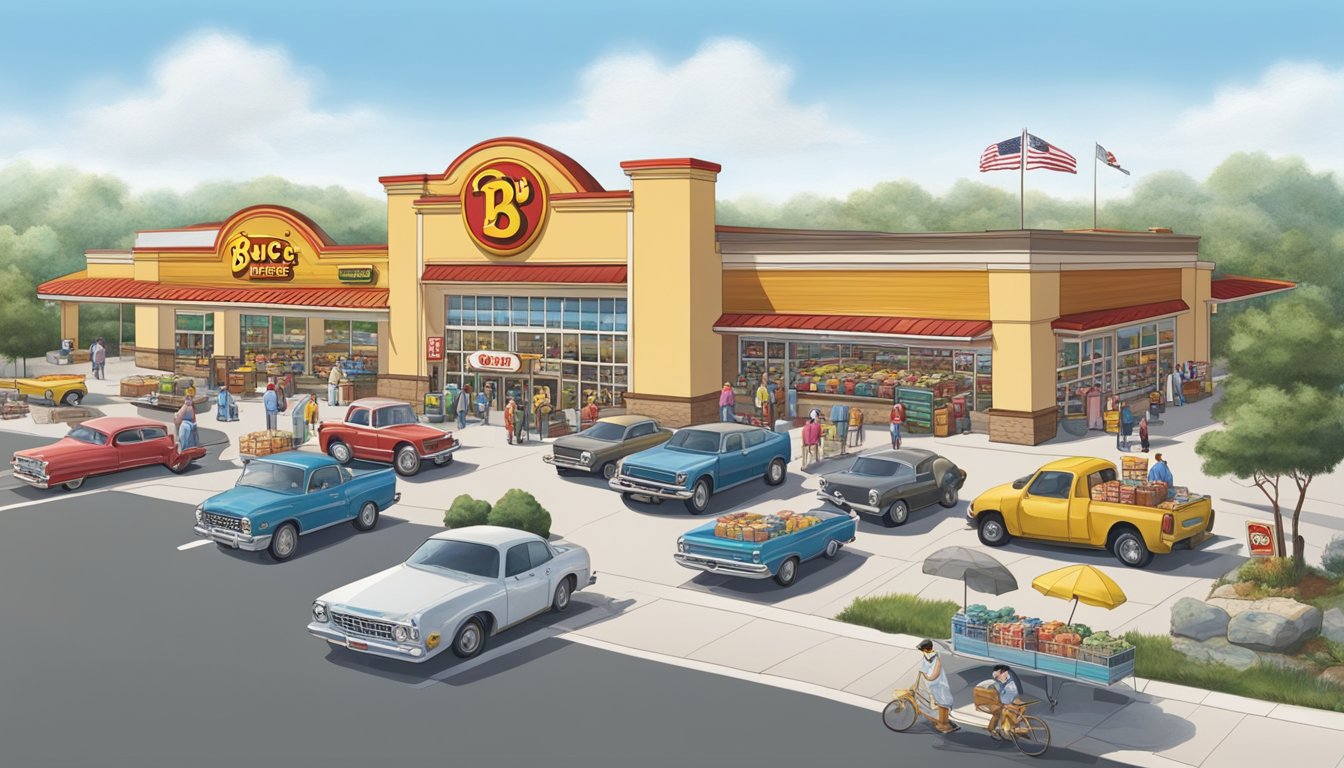 A bustling Buc-ee's store with a sprawling parking lot, gas pumps, and a giant beaver mascot. Customers come and go, some carrying bags of snacks and merchandise