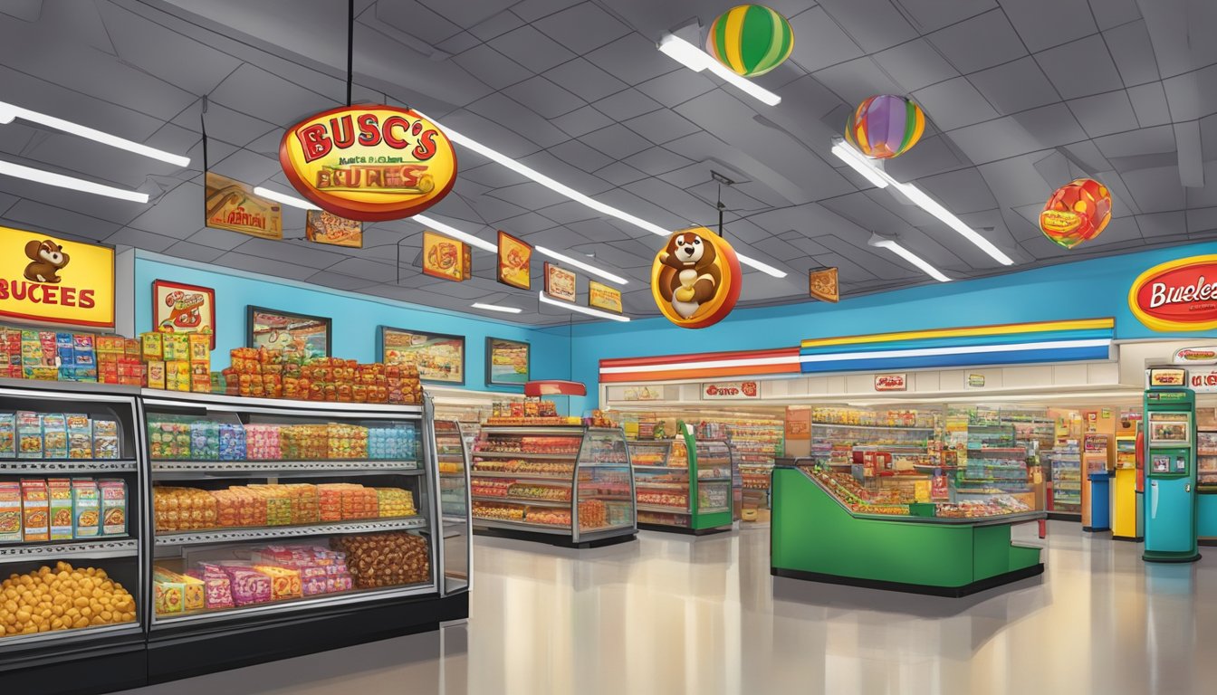 A bustling Buc-ee's store with iconic beaver mascot, gas pumps, and a variety of unique snacks and merchandise. The store is surrounded by international landmarks and signs in different languages