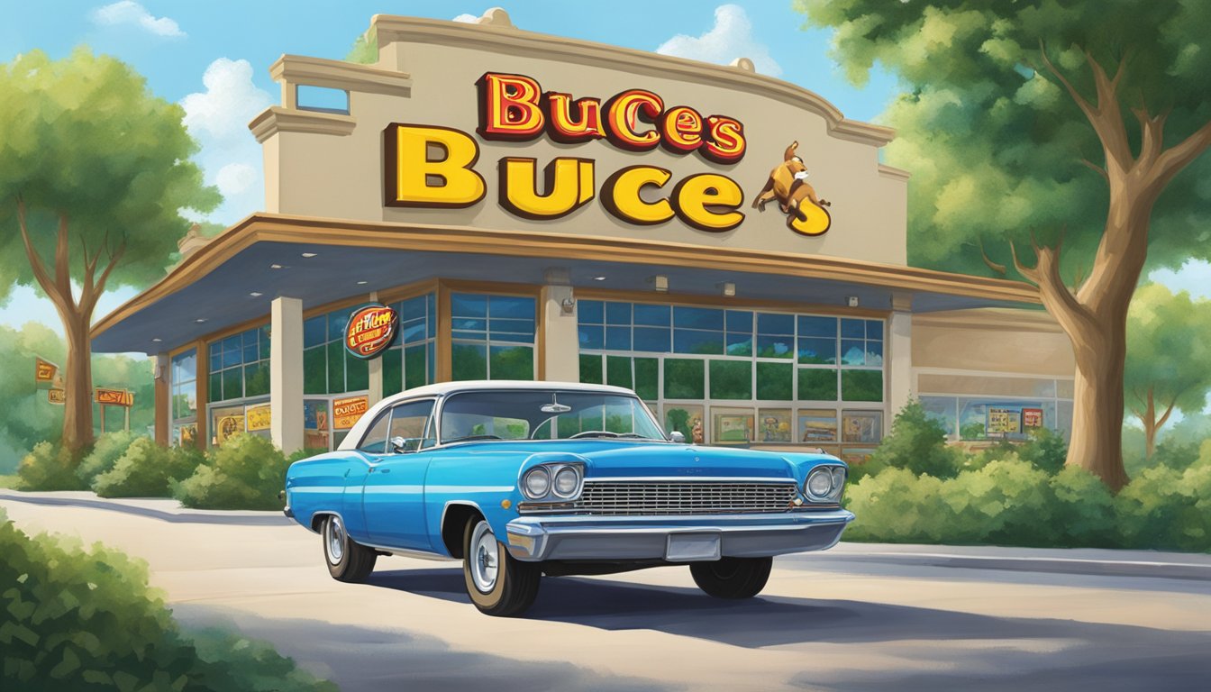 A car with open windows drives past a Buc-ee's sign, surrounded by lush green trees and a clear blue sky