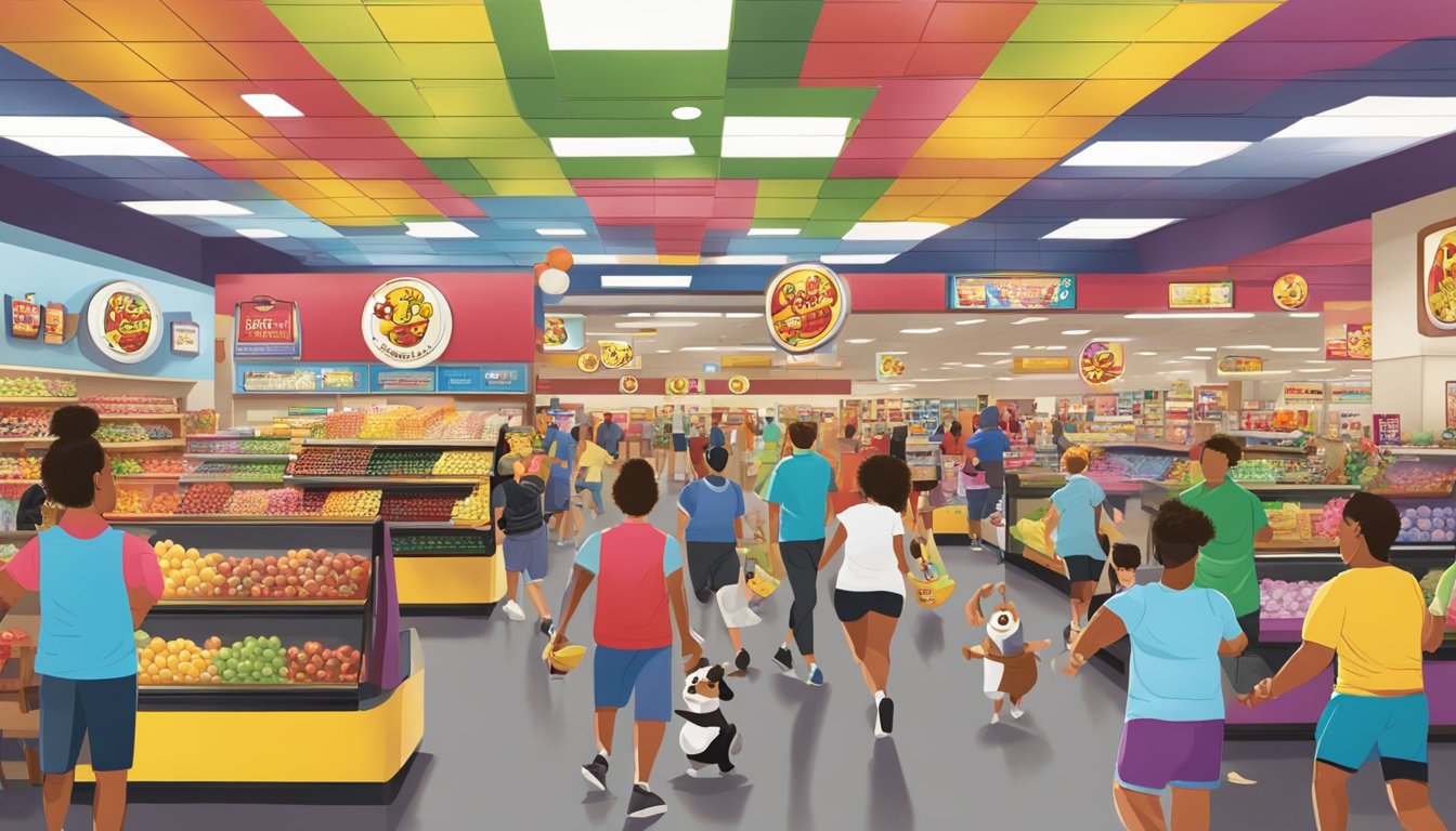 A bustling Buc-ee's store with a fitness challenge display, people walking around, and a vibrant atmosphere