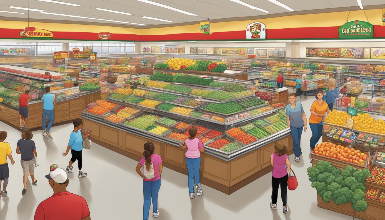 A bustling Buc-ee's store with colorful displays of fresh produce, packaged snacks, and a prominent fitness challenge banner. Customers walk around, some with pedometers, as they browse the food and nutrition offerings