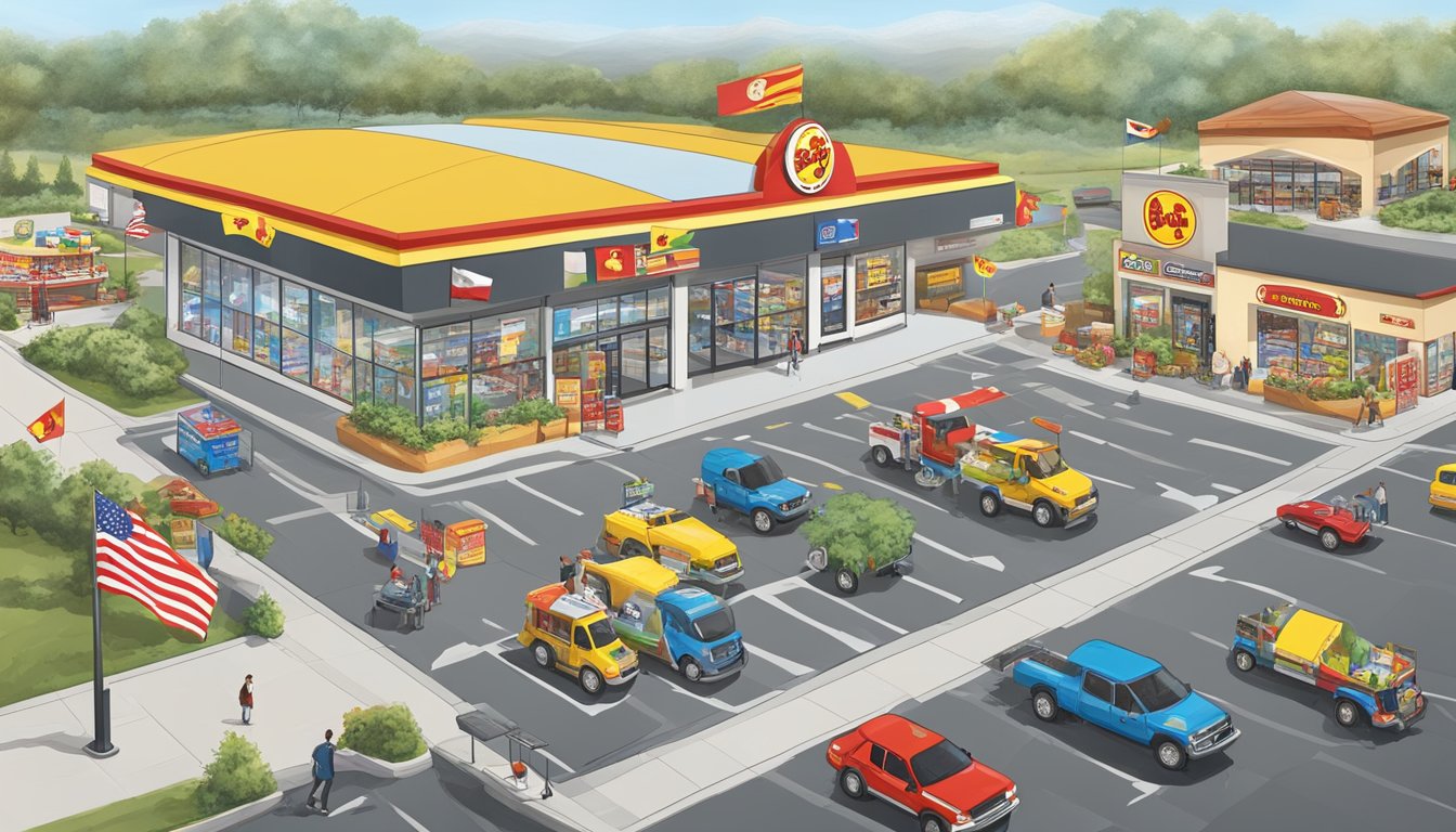 A bustling Buc-ee's gas station and convenience store surrounded by diverse international landmarks and flags, with a global map in the background