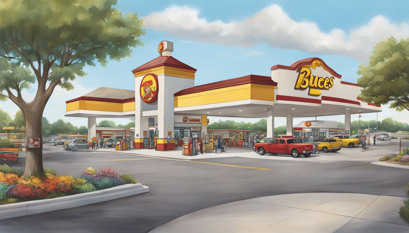 A bustling Buc-ee's gas station with a sprawling parking lot, fuel pumps, and a massive beaver mascot welcoming visitors