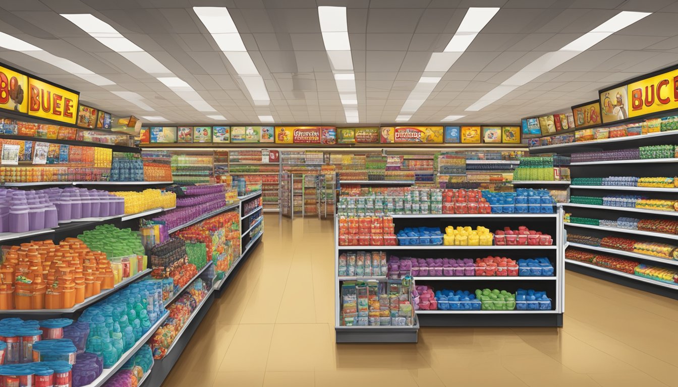 A crowded Buc-ee's store with shelves of fitness merchandise and souvenirs, featuring step counters, water bottles, and exercise apparel