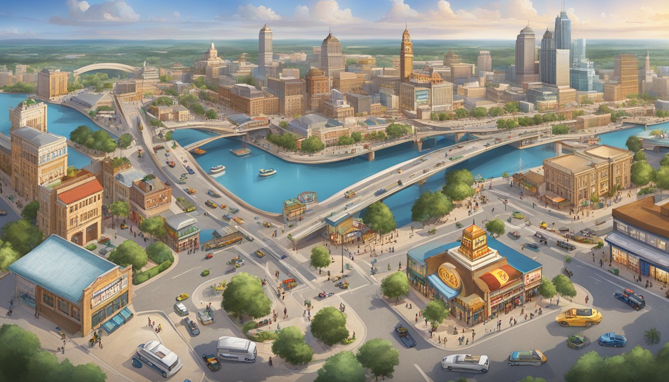 A bustling cityscape with iconic landmarks, diverse architecture, and bustling streets, showcasing the potential for Buc-ee's international expansion