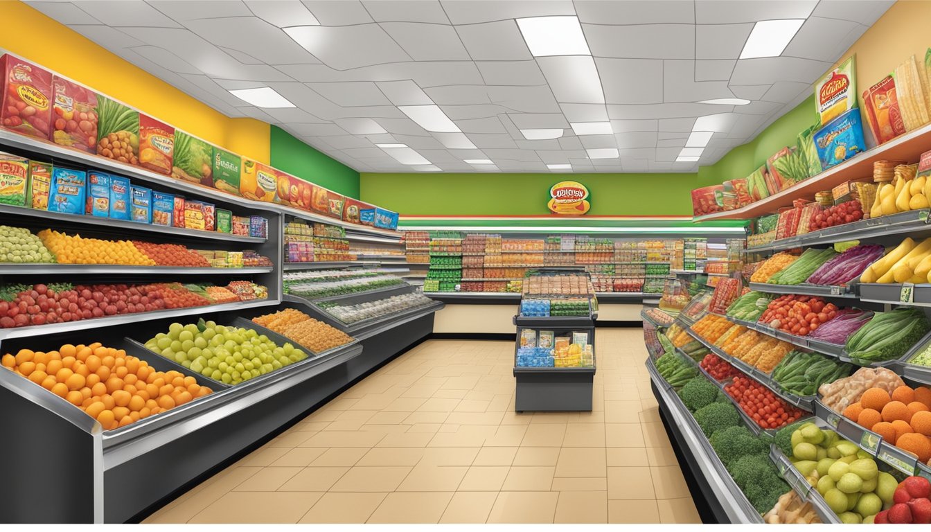 A colorful display of fresh fruits and vegetables contrasts with shelves of packaged snacks and sugary treats at Buc-ee's convenience store