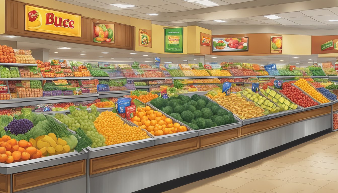 A colorful display of fresh fruits and vegetables arranged in baskets at Buc-ee's, surrounded by tempting snacks and treats