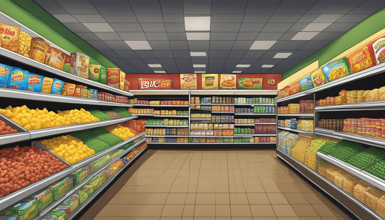 A brightly lit Buc-ee's store at midnight, showcasing shelves filled with health-conscious and specialty snack items