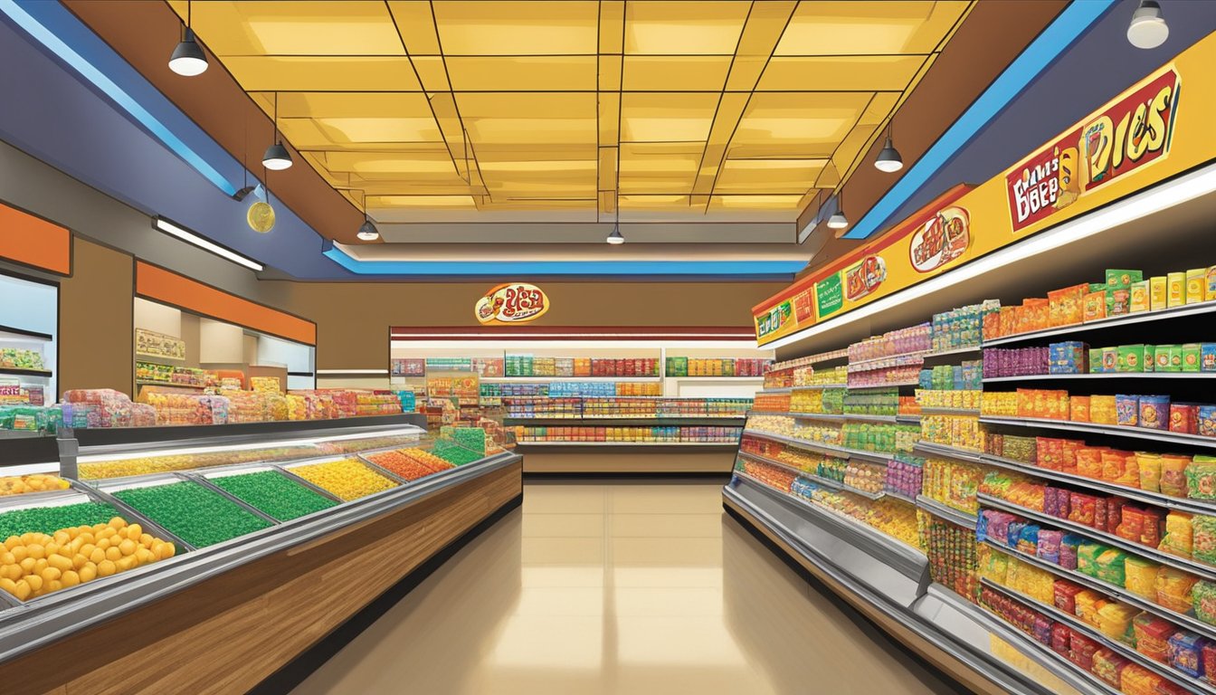 The brightly lit snack aisle at Buc-ee's is filled with rows of colorful packaging and tempting treats, while the soft glow of the store's lights creates a warm and inviting atmosphere