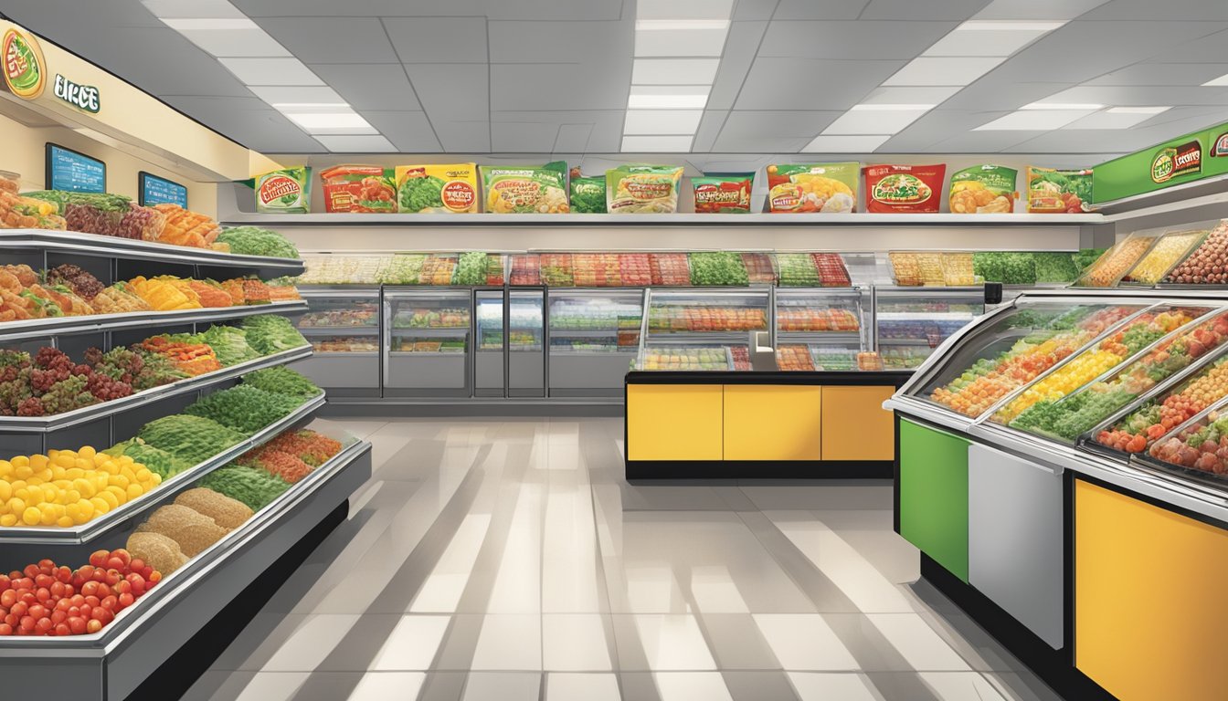 A bustling Buc-ee's convenience store with a wide array of healthy meal options, including fresh salads, fruits, and pre-packaged snacks, displayed in brightly lit refrigerated cases