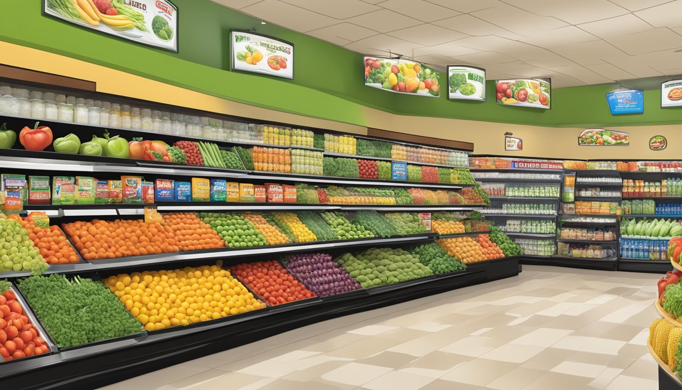 A colorful display of fresh fruits and vegetables next to a variety of bottled water options at Buc-ee's