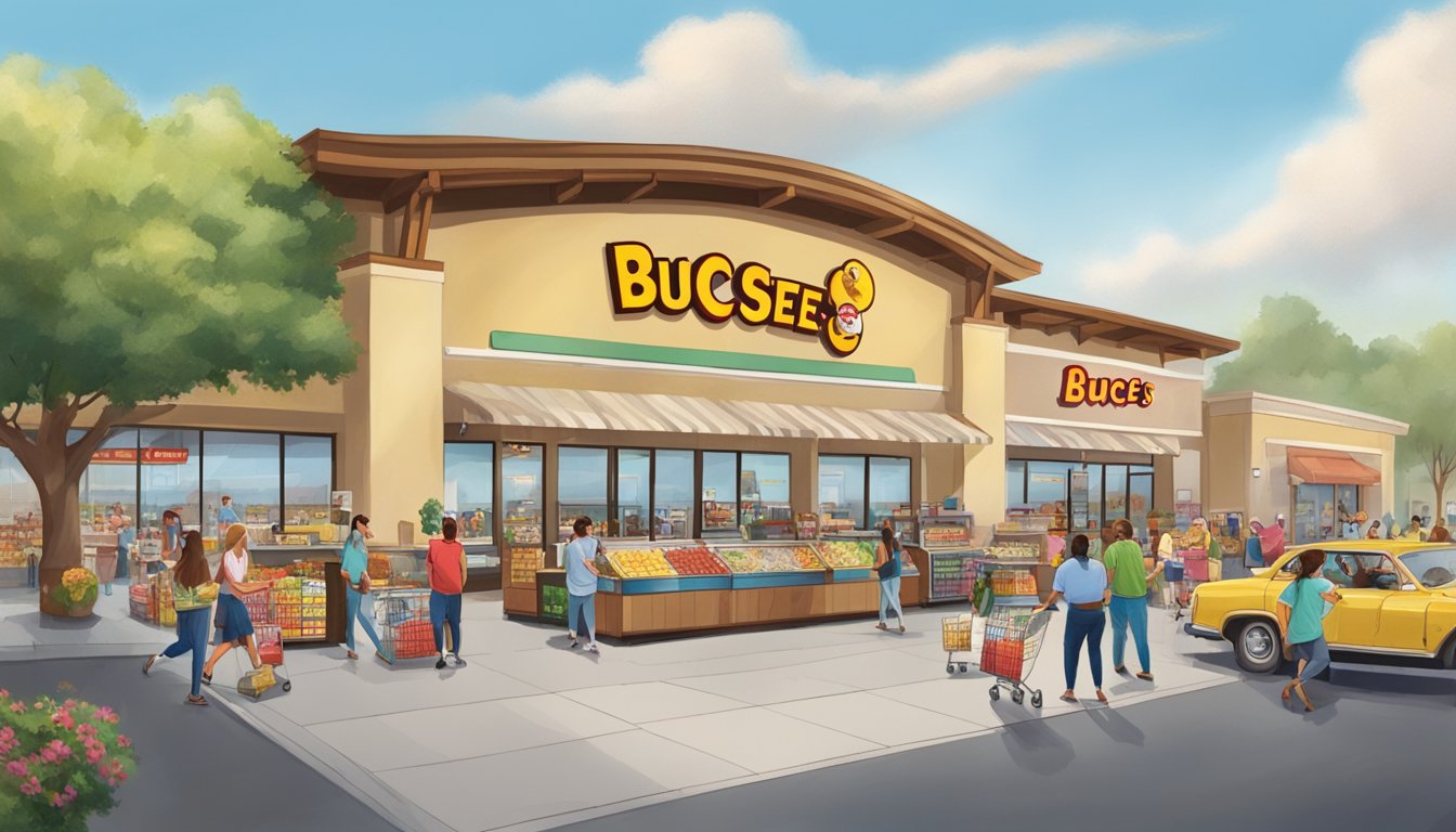 A bustling Buc-ee's store with customers utilizing insider shopping hacks, grabbing snacks and souvenirs