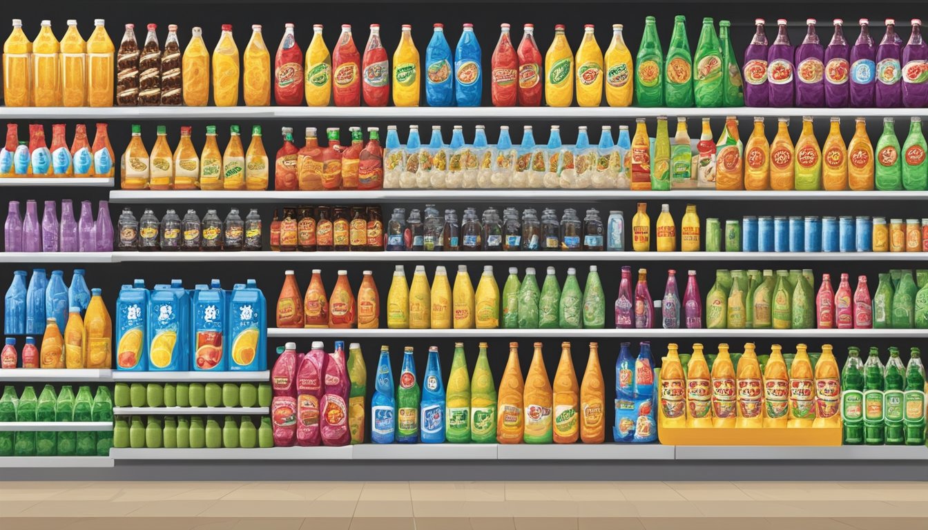 A colorful display of various beverages at Buc-ee's, with rows of shelves filled with different drink options, from sodas and energy drinks to bottled water and specialty beverages