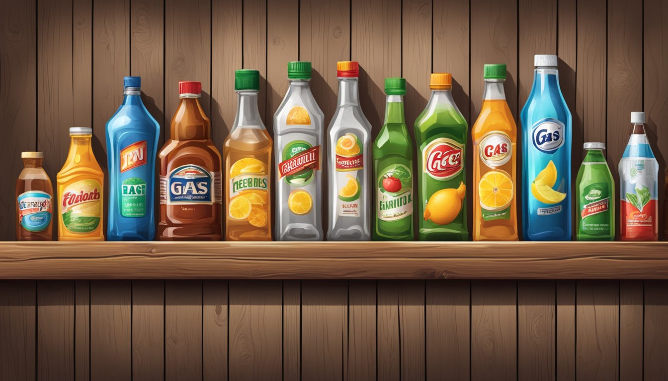 A colorful array of gas station ingredients arranged on a rustic wooden bar, including soda, fruit, and various liquors