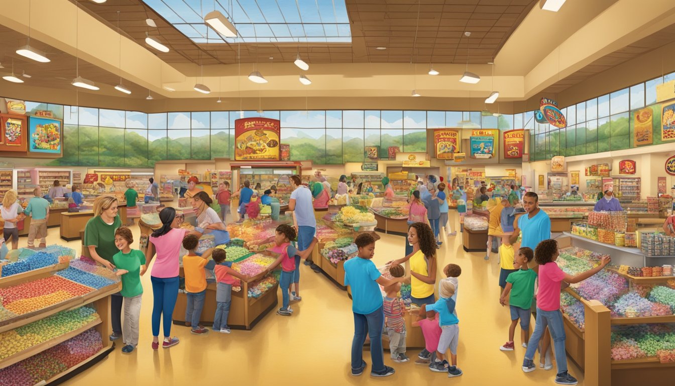 A bustling scene of families enjoying local crafts and activities at Buc-ee's, with children engaged in hands-on experiences and colorful displays