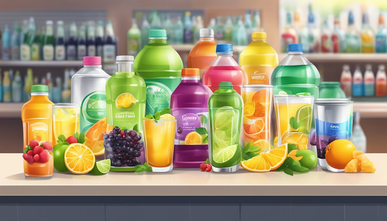 A colorful array of non-alcoholic drink ingredients arranged on a gas station counter, including various mixers, fruits, and garnishes