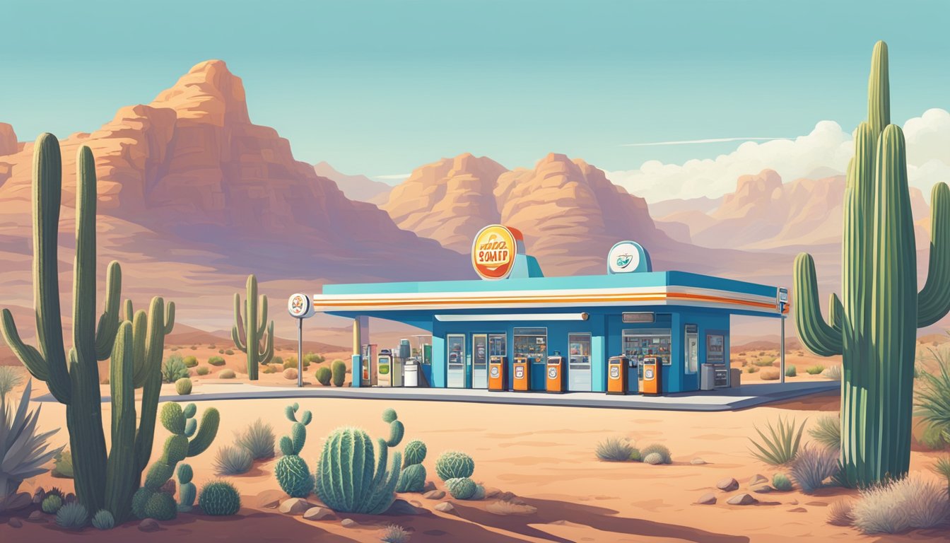 A winding road cuts through a vast desert landscape, with a bright blue sky overhead. A retro-style gas station sits off to the side, surrounded by cacti and mountains in the distance