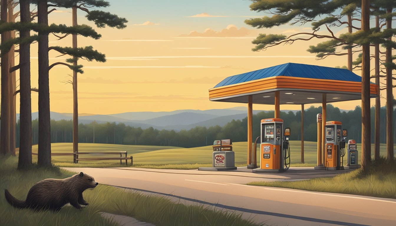 A winding road cuts through Texas hill country, lined with towering pine trees and expansive fields. A lone gas station sits at the edge of the road, beckoning travelers with its oversized beaver mascot