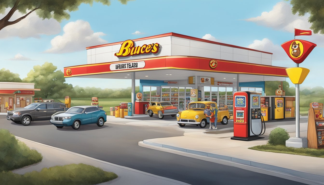 A bustling Buc-ee's gas station with iconic beaver mascot, fuel pumps, snacks, and merchandise for a literary road trip adventure