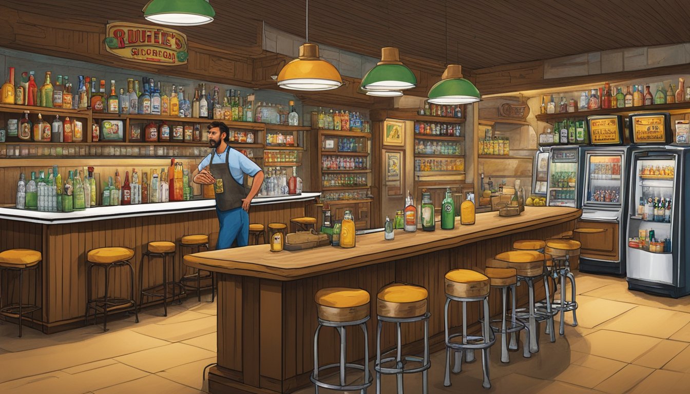 A rustic bar set in a Buc-ee's gas station, with shelves stocked with various ingredients and a mixologist crafting cocktails. Customers and staff engage in conversation, creating a sense of community