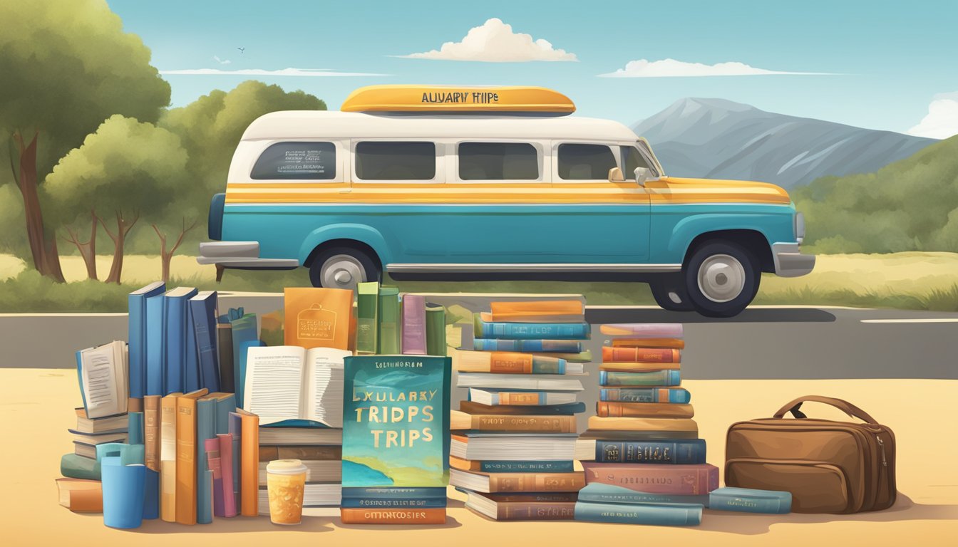 A colorful display of books and travel essentials at a rest stop, with a sign advertising "Literary Road Trips" and "Auxiliary Amenities."