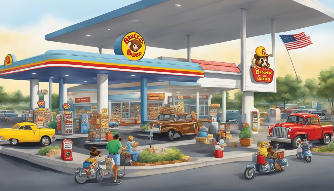 A bustling Buc-ee's gas station with iconic beaver mascot, fuel pumps, and a line of road trippers grabbing snacks and souvenirs