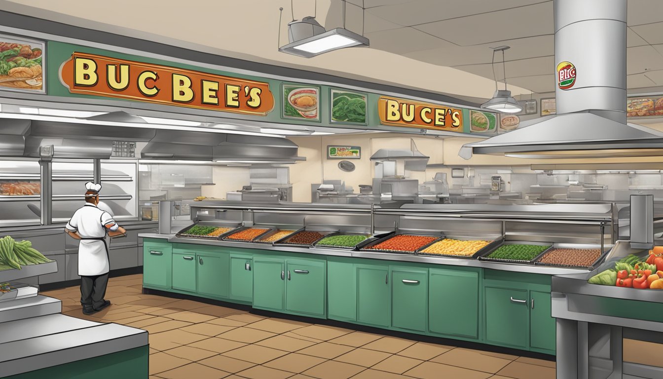 A bustling gas station kitchen with fresh produce, meats, and spices. A chef prepares gourmet meals with the iconic Buc-ee's logo in the background