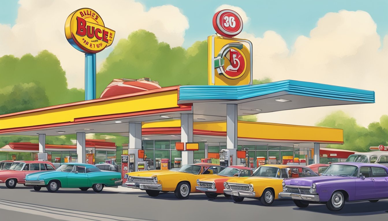 A bustling gas station with colorful pumps, a massive Buc-ee's sign, and a line of cars waiting to fill up