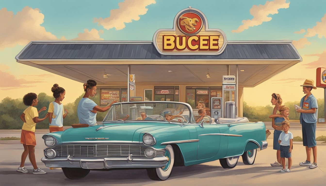 A vintage car parked at a Buc-ee's gas station, with a family of four performing a ritual before embarking on a road trip