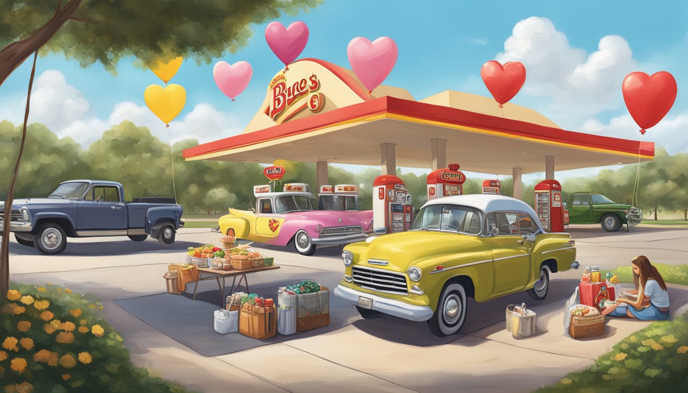 A couple's car parked at a Buc-ee's gas pump, surrounded by heart-shaped balloons and a romantic picnic spread on the hood