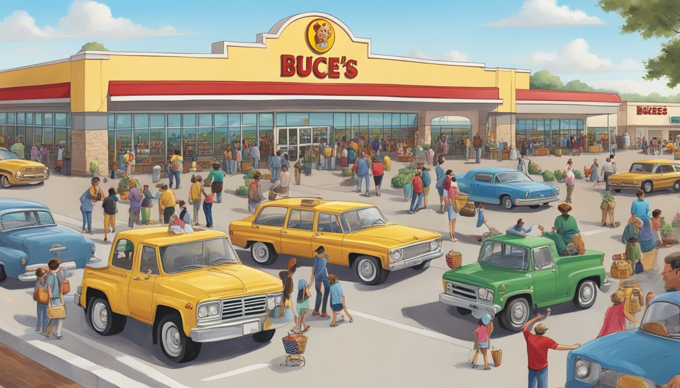 A crowded Buc-ee's parking lot with travelers touching the beaver statue for luck before entering the store. Gas pumps and snacks in the background