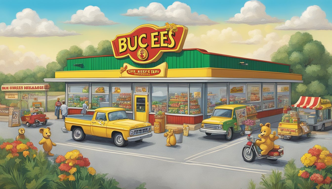 A display of Buc-ee's merchandise and souvenirs, including road trip rituals and lucky charms