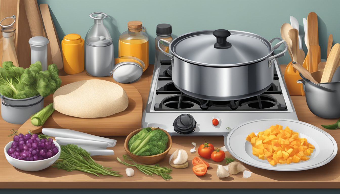 A chef's hat on a gas station countertop with various gourmet ingredients and cooking utensils scattered around