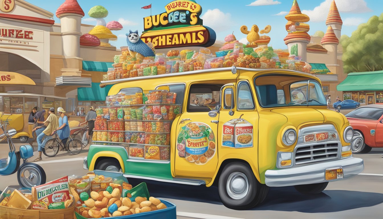 A crowded car filled with road trip essentials, including snacks and lucky charms, drives past a larger-than-life Buc-ee's sign