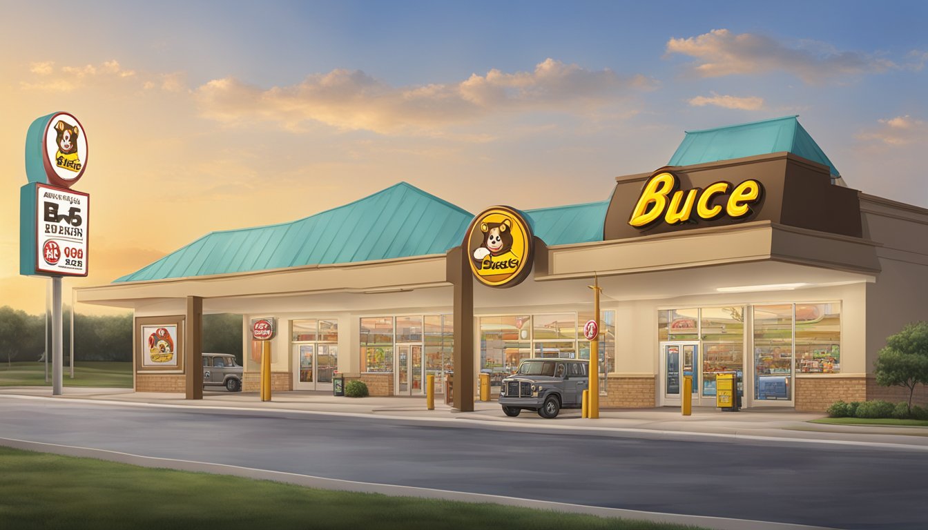 A line of Buc-ee's gas stations stretching into the distance, each with its iconic beaver mascot towering above the building