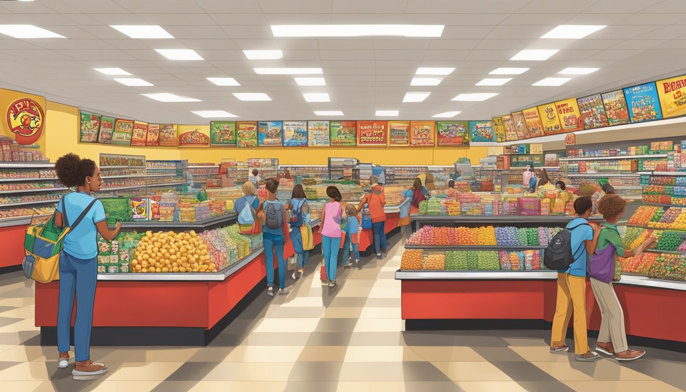 A bustling Buc-ee's store filled with shelves of merchandise, snacks, and souvenirs. Customers browse aisles and checkout counters