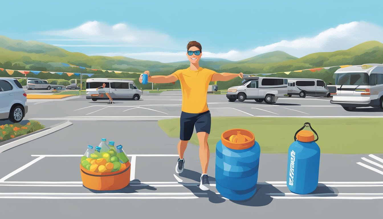 A traveler exercises with resistance bands and water bottles in a Buc-ee's parking lot, surrounded by a scenic landscape of rolling hills and a clear blue sky