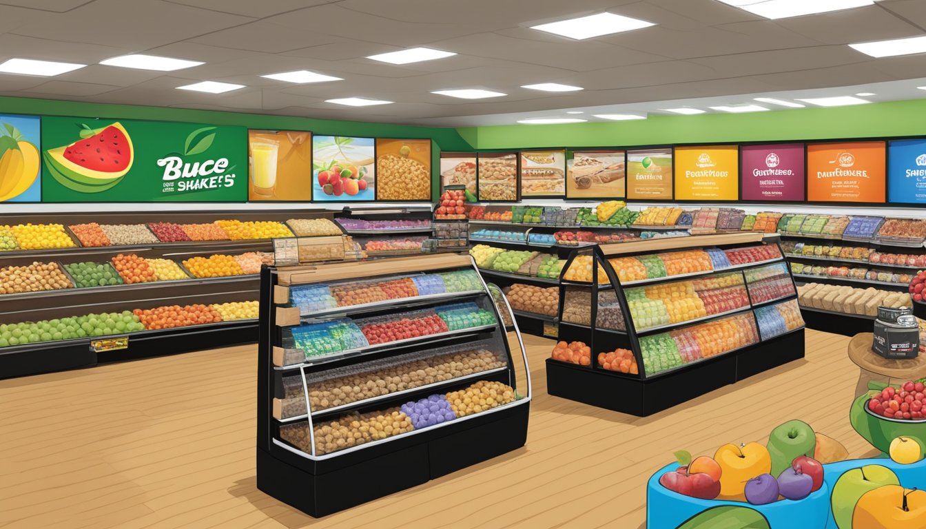 A colorful display of fresh fruits, granola bars, and protein shakes at Buc-ee's, with exercise equipment in the background