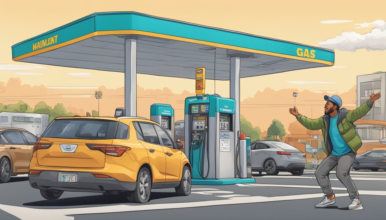 A traveler doing jumping jacks next to a gas pump, surrounded by a sprawling parking lot and a busy highway