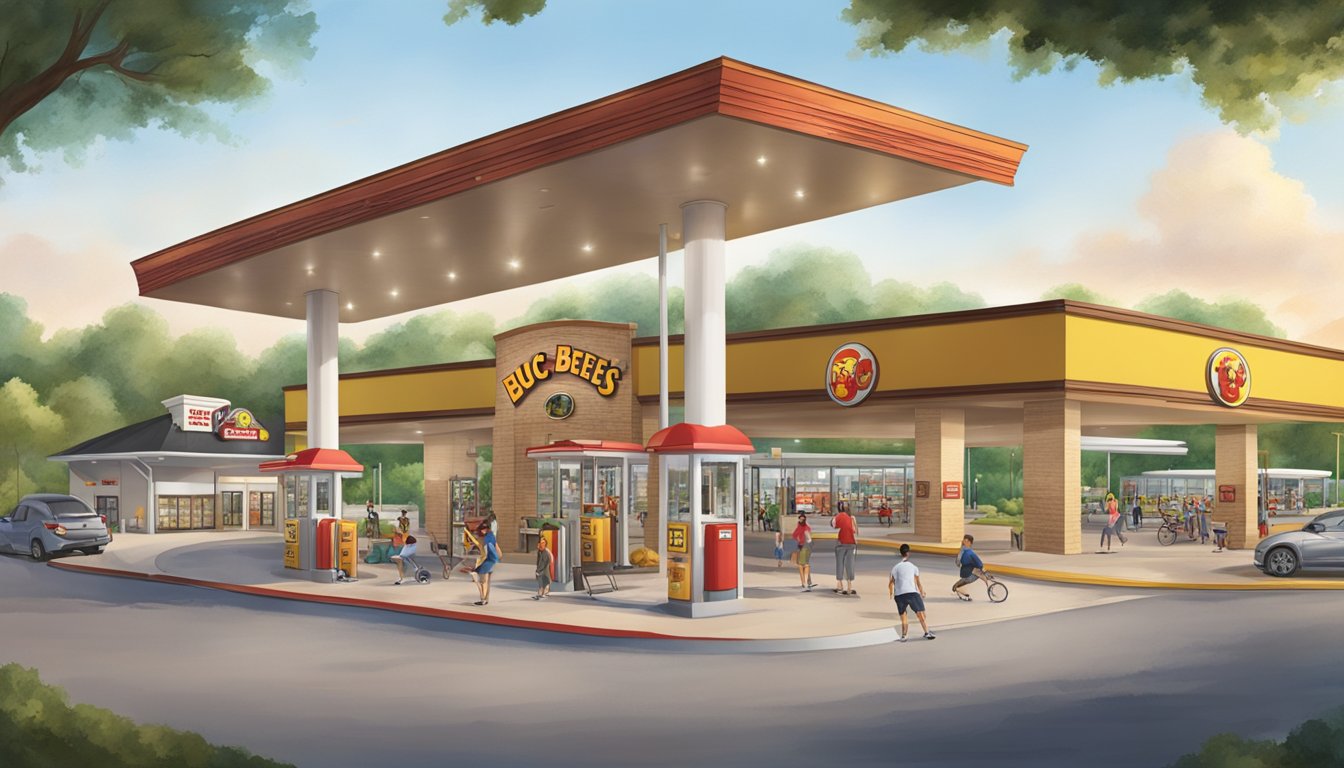 A Buc-ee's gas station with a gym area, healthy food options, and people exercising outdoors