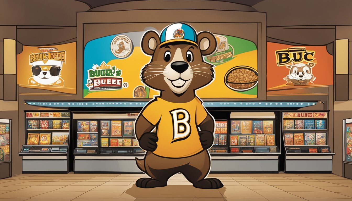 A beaver mascot stands in front of a movie theater, surrounded by posters of films and TV shows featuring Buc-ee's brand integration