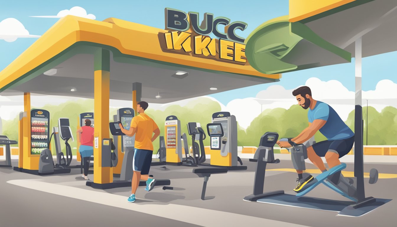 A person using a smartphone to track fitness progress while exercising at a Buc-ee's gas station, with workout equipment and healthy snacks nearby