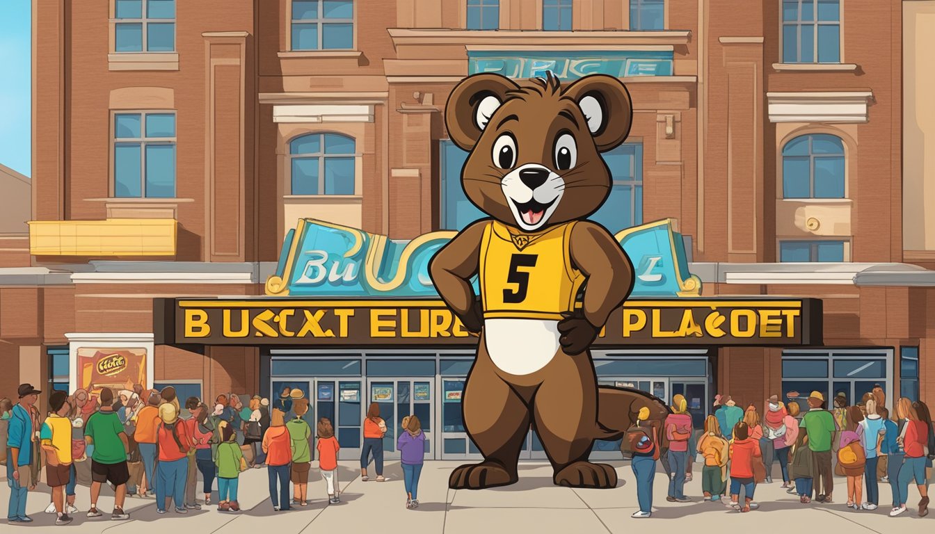 A large beaver mascot stands in front of a movie theater, with posters of films featuring Buc-ee's prominently displayed. The mascot is surrounded by excited fans taking photos and wearing Buc-ee's merchandise