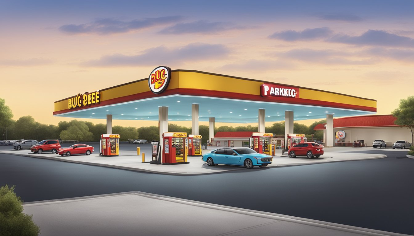 A Buc-ee's gas station with a well-lit parking lot, a row of gas pumps, and a large sign featuring the company's logo