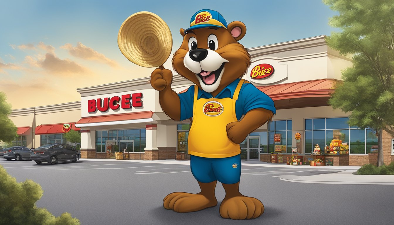 A large beaver mascot stands in front of a Buc-ee's store, surrounded by iconic Buc-ee's merchandise and a bustling parking lot