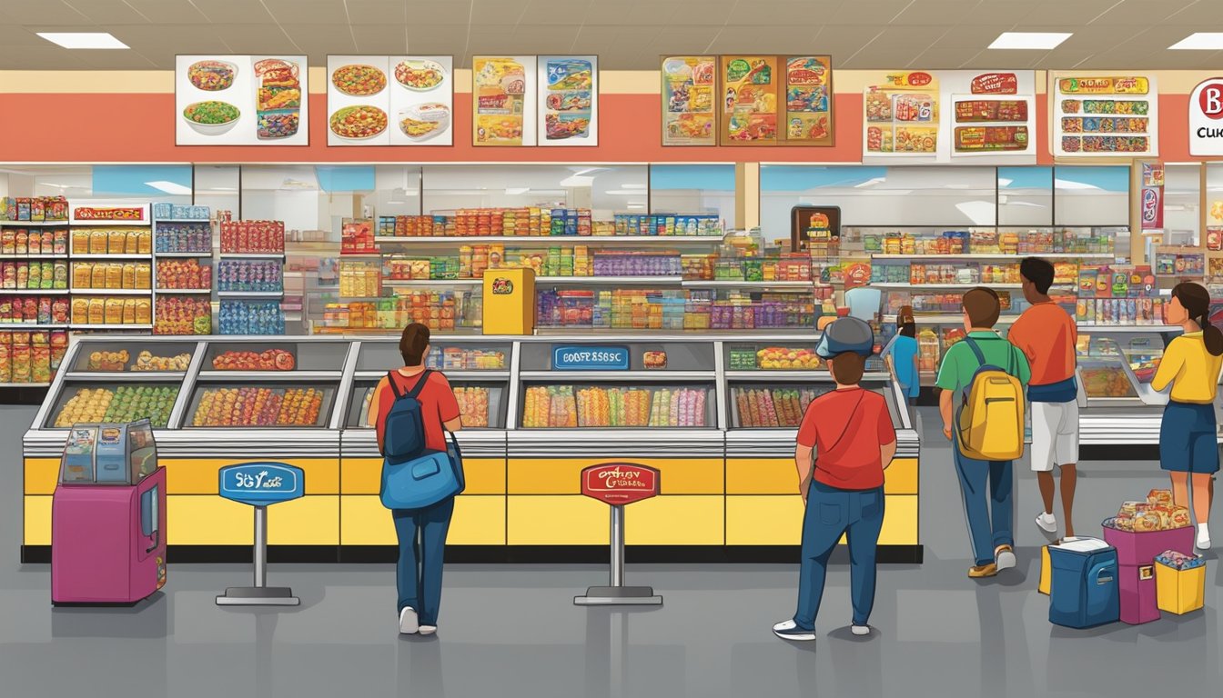 A bustling Buc-ee's store with a variety of snacks, drinks, and merchandise. Customers browsing aisles and making purchases at the checkout counter