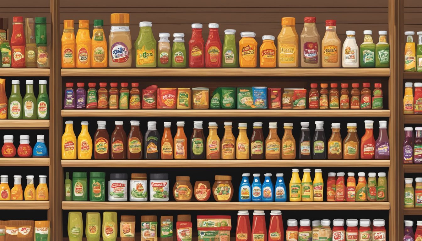 A colorful display of various sauces and condiments arranged on shelves in the Buc-ee's aisle, with seasonal surprises highlighted