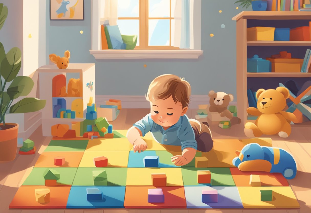 A toddler playing with wooden blocks and stuffed animals on a soft, colorful rug in a sunlit room with a bookshelf and a basket of toys nearby