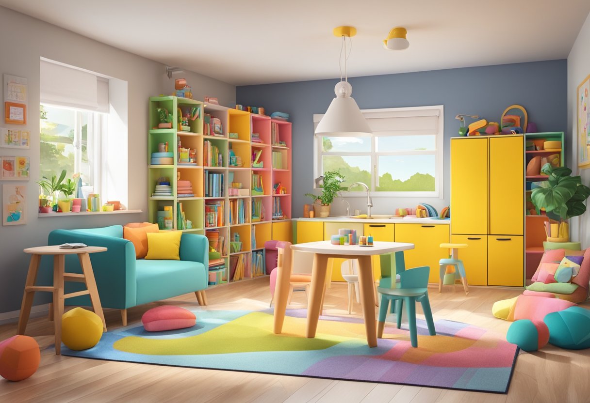 A colorful playroom filled with interactive toys and books, with soft cushions and a mini kitchen set for imaginative play